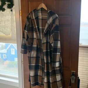 PLAID PRINT HOODED JACKET/SHACKET  WITH POCKETS
